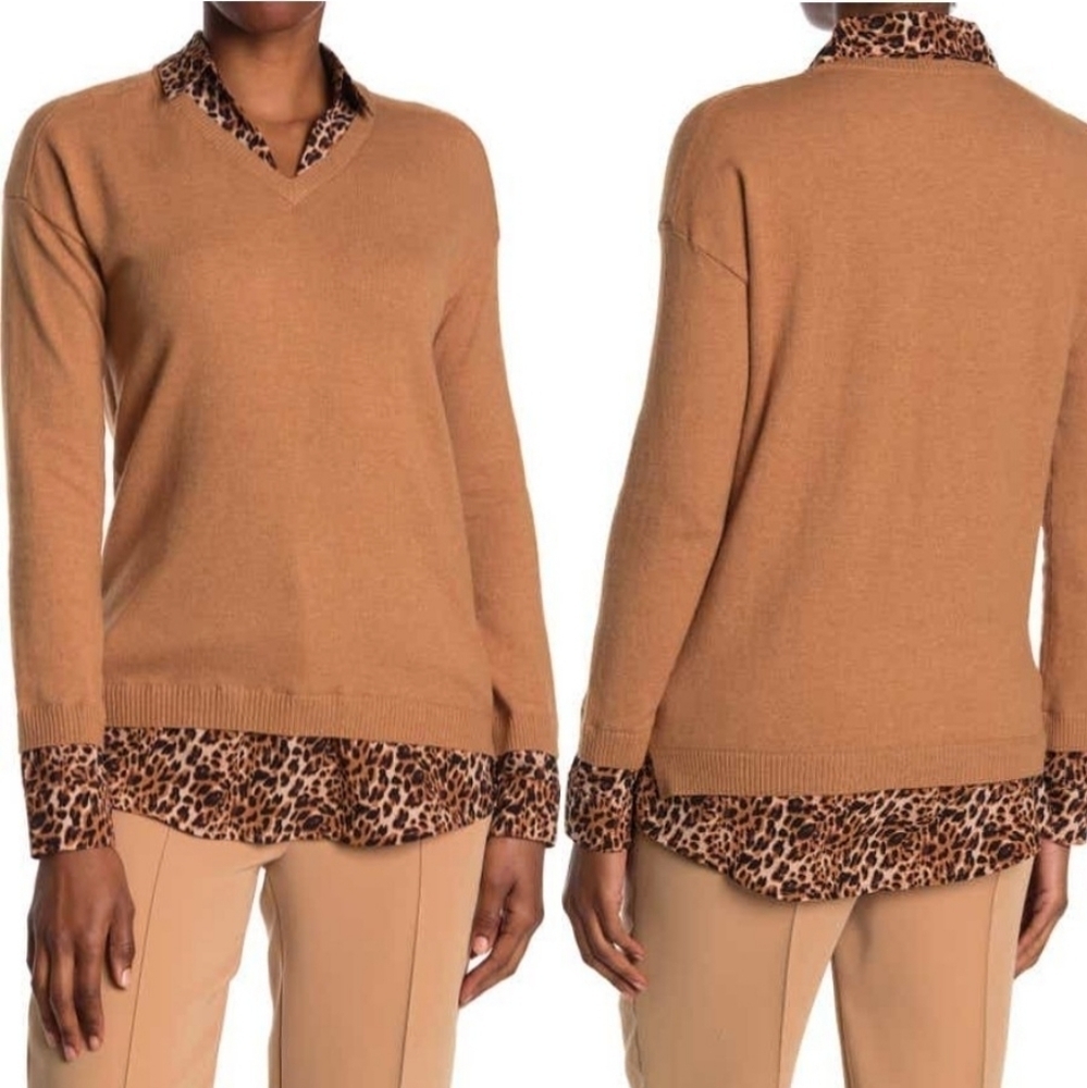 NWT ADRIANNA PAPELL Twofer V-Neck‎ Sweater Camel with Cheetah Print SizeSmall